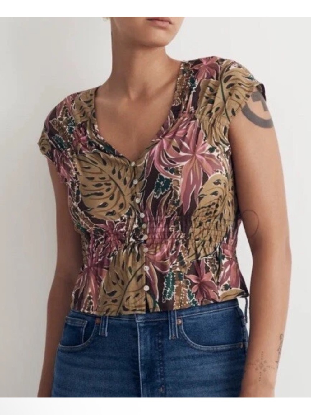 Madewell Cap-Sleeve Shirred Top in the Brushstroke Monstera - L